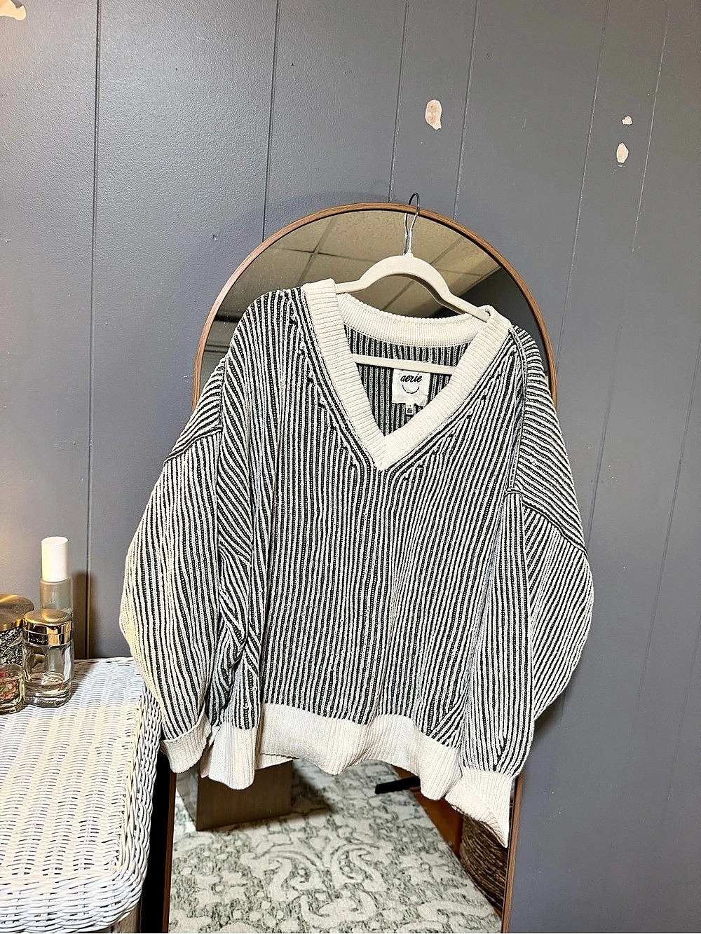 Aerie Striped V-Neck Oversized Sweater Green & White